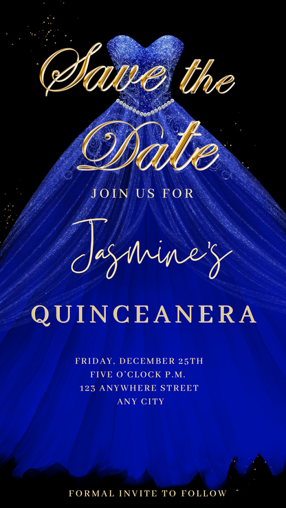 Royal Blue Quinceanera Video Invite | Sweet 15 16 Quince RSVP Tracker | Editable Canva Evite Template
