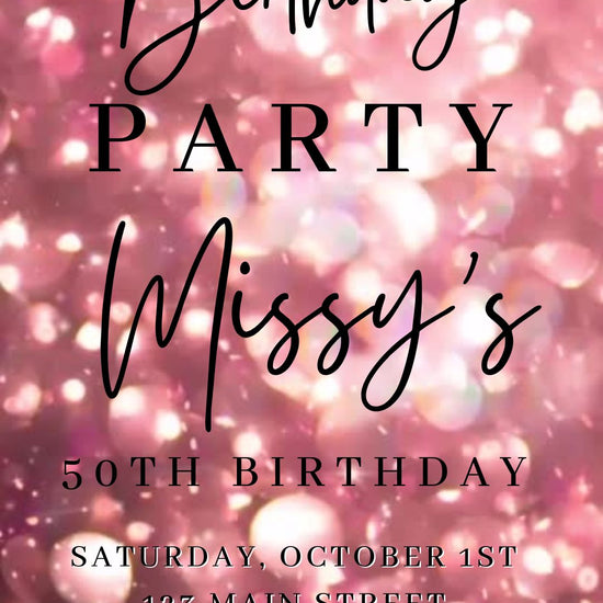 Editable rose gold bokeh 50th birthday birthday video invitation displayed on a mobile phone, featuring an animated vertical digital invite with music, created in Canva. This premium video invitation template is designed for sharing by text, email, and social media and works with an interactive RSVP website for easy guest response tracking.