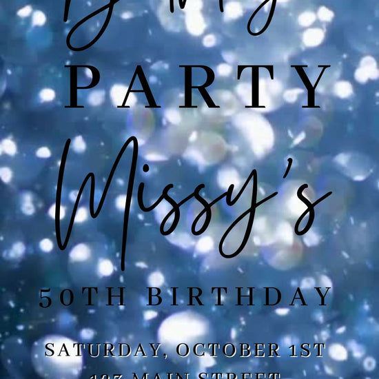 Editable blue bokeh 50th birthday birthday video invitation displayed on a mobile phone, featuring an animated vertical digital invite with music, created in Canva. This premium video invitation template is designed for sharing by text, email, and social media and works with an interactive RSVP website for easy guest response tracking.