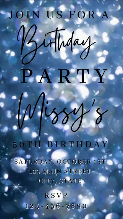 Editable blue bokeh 50th birthday birthday video invitation displayed on a mobile phone, featuring an animated vertical digital invite with music, created in Canva. This premium video invitation template is designed for sharing by text, email, and social media and works with an interactive RSVP website for easy guest response tracking.