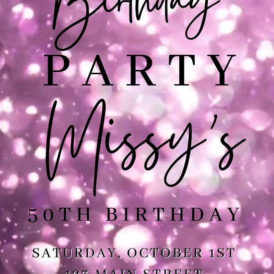 Editable lavender bokeh 50th birthday birthday video invitation displayed on a mobile phone, featuring an animated vertical digital invite with music, created in Canva. This premium video invitation template is designed for sharing by text, email, and social media and works with an interactive RSVP website for easy guest response tracking.