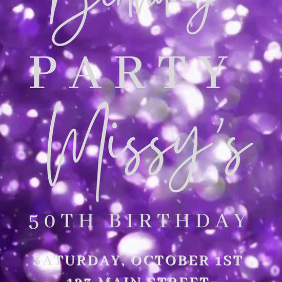 Editable purple bokeh 50th birthday birthday video invitation displayed on a mobile phone, featuring an animated vertical digital invite with music, created in Canva. This premium video invitation template is designed for sharing by text, email, and social media and works with an interactive RSVP website for easy guest response tracking.