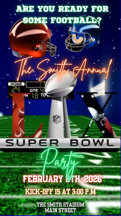 Super Bowl LX Party Video Invitation | Digital Football Game Day Invite | Editable Online Template