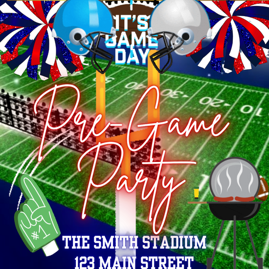 Smartphone showing tailgate party video invitation with football graphics