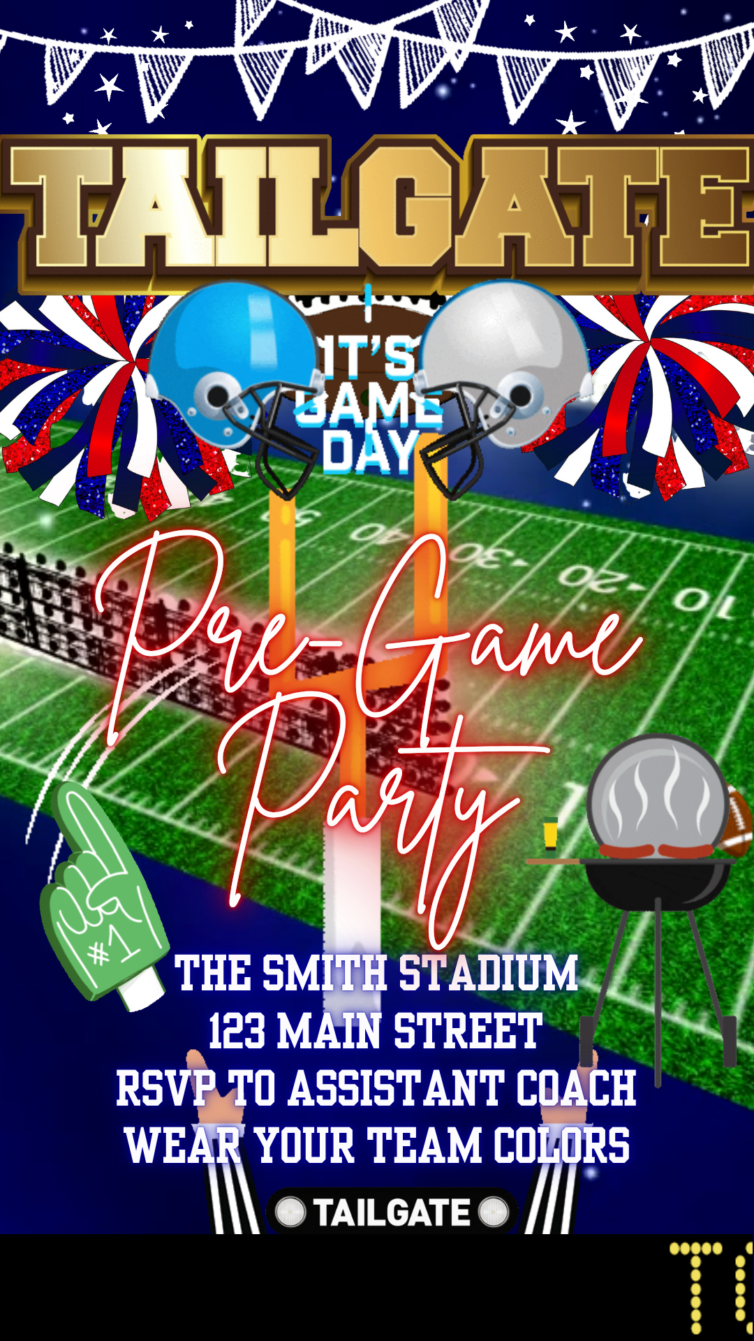 Smartphone showing tailgate party video invitation with football graphics