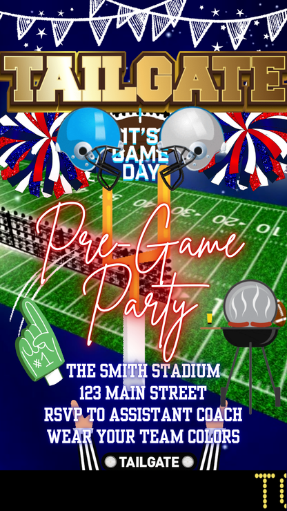 Smartphone showing tailgate party video invitation with football graphics