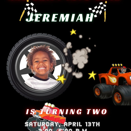 Editable monster truck race birthday birthday video invitation displayed on a mobile phone, featuring an animated vertical digital invite with music, created in Canva. This premium video invitation template is designed for sharing by text, email, and social media and works with an interactive RSVP website for easy guest response tracking.