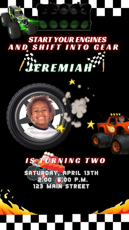 Editable monster truck race birthday birthday video invitation displayed on a mobile phone, featuring an animated vertical digital invite with music, created in Canva. This premium video invitation template is designed for sharing by text, email, and social media and works with an interactive RSVP website for easy guest response tracking.