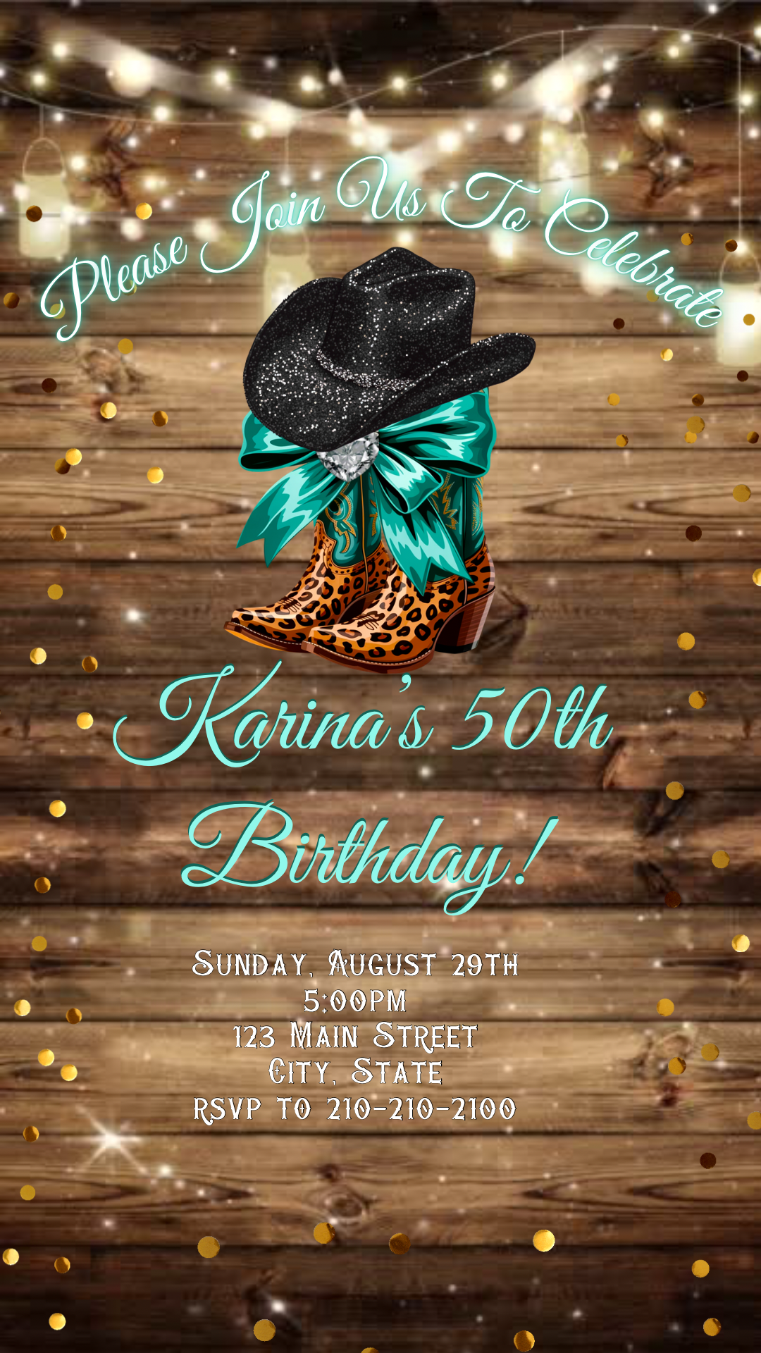 Turquoise Boots and Bling Video Invitation | Rustic Western Theme Digital Evite | Editable Canva Template