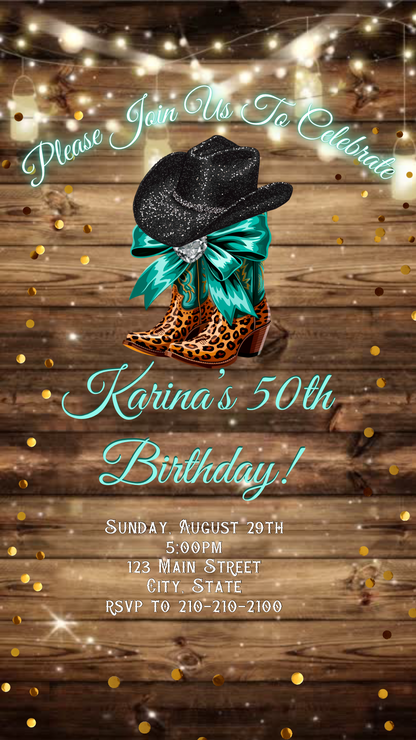 Turquoise Boots and Bling Video Invitation | Rustic Western Theme Digital Evite | Editable Canva Template