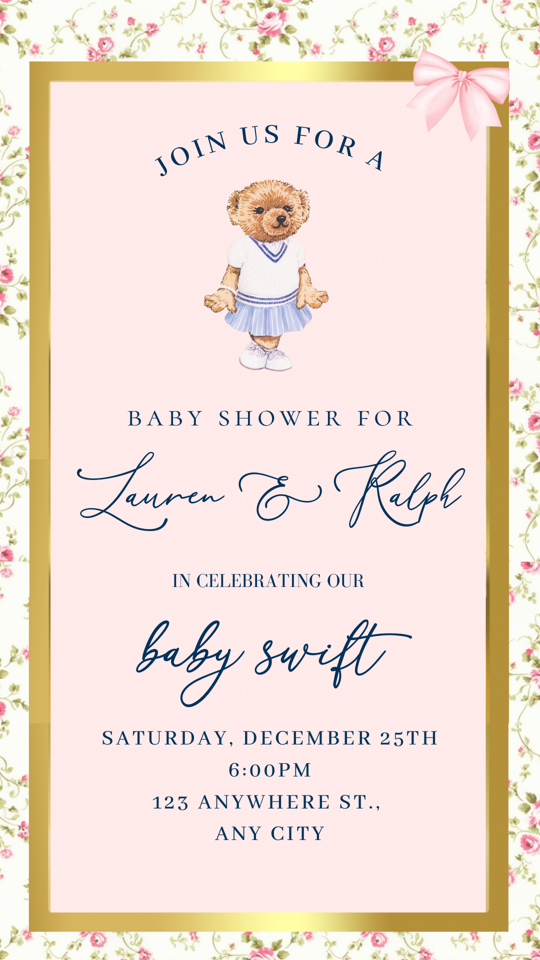 Pink Polo Bear Video Invitation | Digital Preppy Pink Spring RSVP Tracker Invite | Editable Canva Template