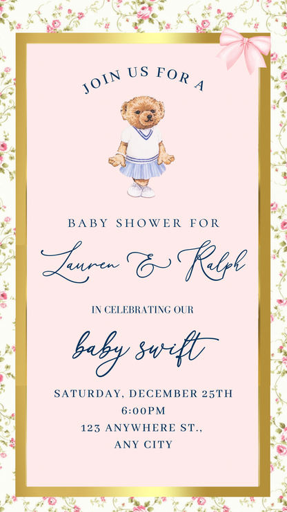 Pink Polo Bear Video Invitation | Digital Preppy Pink Spring RSVP Tracker Invite | Editable Canva Template