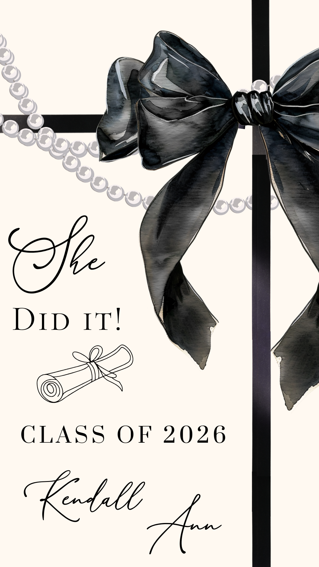 This Class of 2026 graduation video invite with Cream and Black bow with Pearls - this editable video template animated announcement is perfect for celebrating your grads special celebration. This is a feminine cream and Black bow with Pearls minimalist elegance. Whether you need a digital invitation with photo, an instant download file, or a mobile-friendly animated template, this Canva editable invitation makes event planning seamless and stylish.