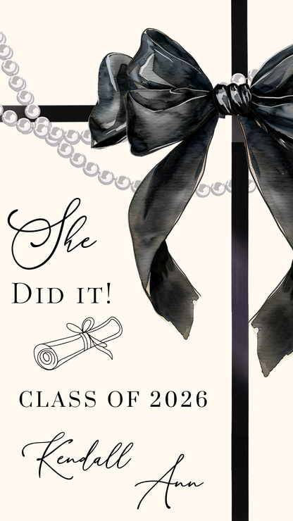 This Class of 2026 graduation video invite with Cream and Black bow with Pearls - this editable video template animated announcement is perfect for celebrating your grads special celebration. This is a feminine cream and Black bow with Pearls minimalist elegance. Whether you need a digital invitation with photo, an instant download file, or a mobile-friendly animated template, this Canva editable invitation makes event planning seamless and stylish.
