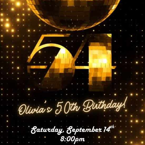 Editable gold disco 54th birthday video invitation displayed on a mobile phone, featuring an animated vertical digital invite with music, created in Canva. This premium video invitation template is designed for sharing by text, email, and social media and works with an interactive RSVP website for easy guest response tracking.
