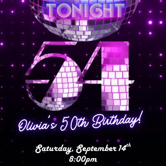 Editable purple disco 54th birthday video invitation displayed on a mobile phone, featuring an animated vertical digital invite with music, created in Canva. This premium video invitation template is designed for sharing by text, email, and social media and works with an interactive RSVP website for easy guest response tracking.