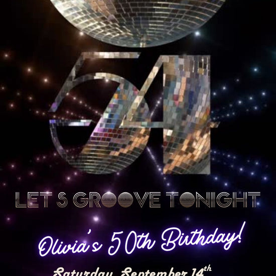 Editable disco mirror 54th birthday party video invitation displayed on a mobile phone, featuring an animated vertical digital invite with music, created in Canva. This premium video invitation template is designed for sharing by text, email, and social media and works with an interactive RSVP website for easy guest response tracking.