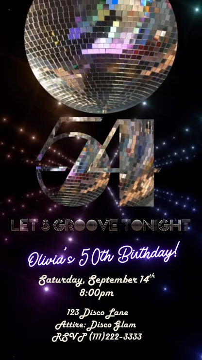 Editable disco mirror 54th birthday party video invitation displayed on a mobile phone, featuring an animated vertical digital invite with music, created in Canva. This premium video invitation template is designed for sharing by text, email, and social media and works with an interactive RSVP website for easy guest response tracking.