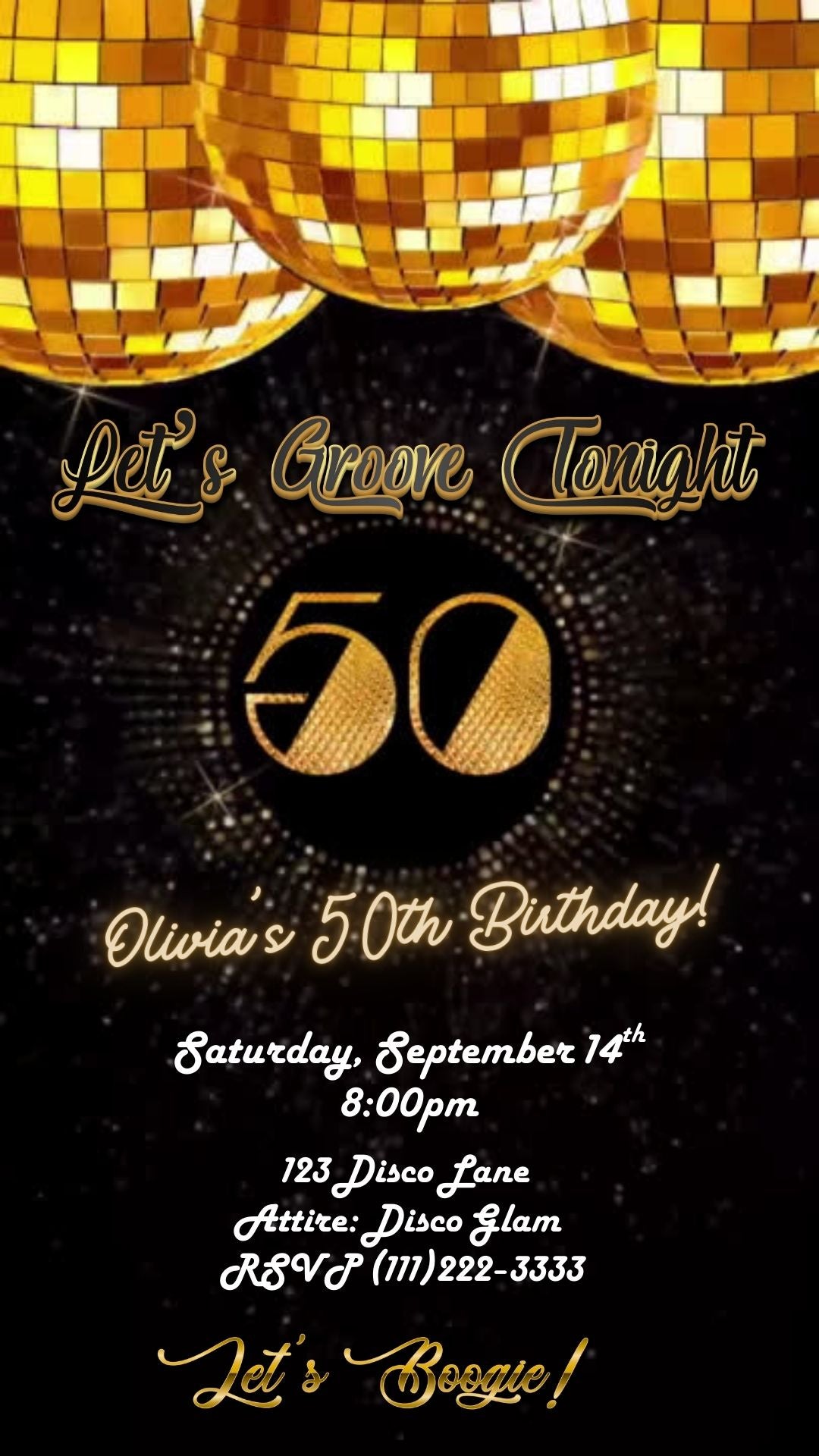 Editable gold disco 50th birthday video invitation displayed on a mobile phone, featuring an animated vertical digital invite with music, created in Canva. This premium video invitation template is designed for sharing by text, email, and social media and works with an interactive RSVP website for easy guest response tracking.