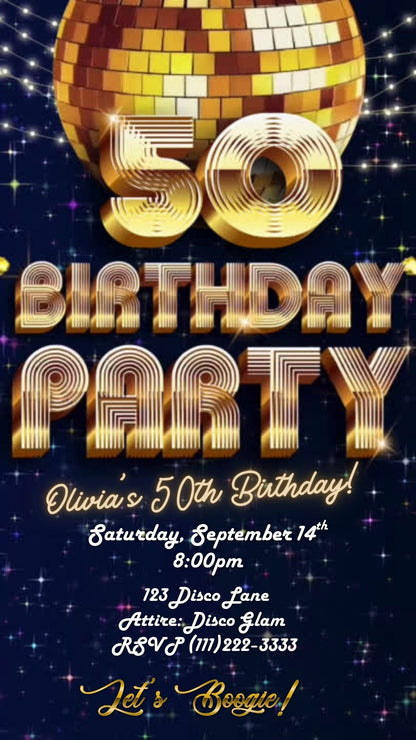 Editable gold disco 50th birthday video invitation displayed on a mobile phone, featuring an animated vertical digital invite with music, created in Canva. This premium video invitation template is designed for sharing by text, email, and social media and works with an interactive RSVP website for easy guest response tracking.