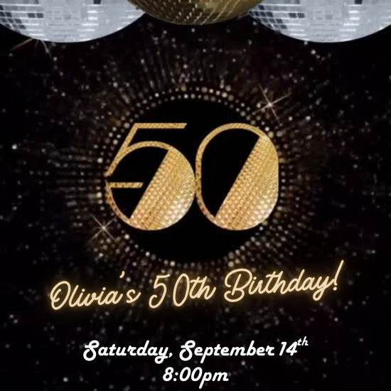 Editable gold disco 50th birthday video invitation displayed on a mobile phone, featuring an animated vertical digital invite with music, created in Canva. This premium video invitation template is designed for sharing by text, email, and social media and works with an interactive RSVP website for easy guest response tracking.