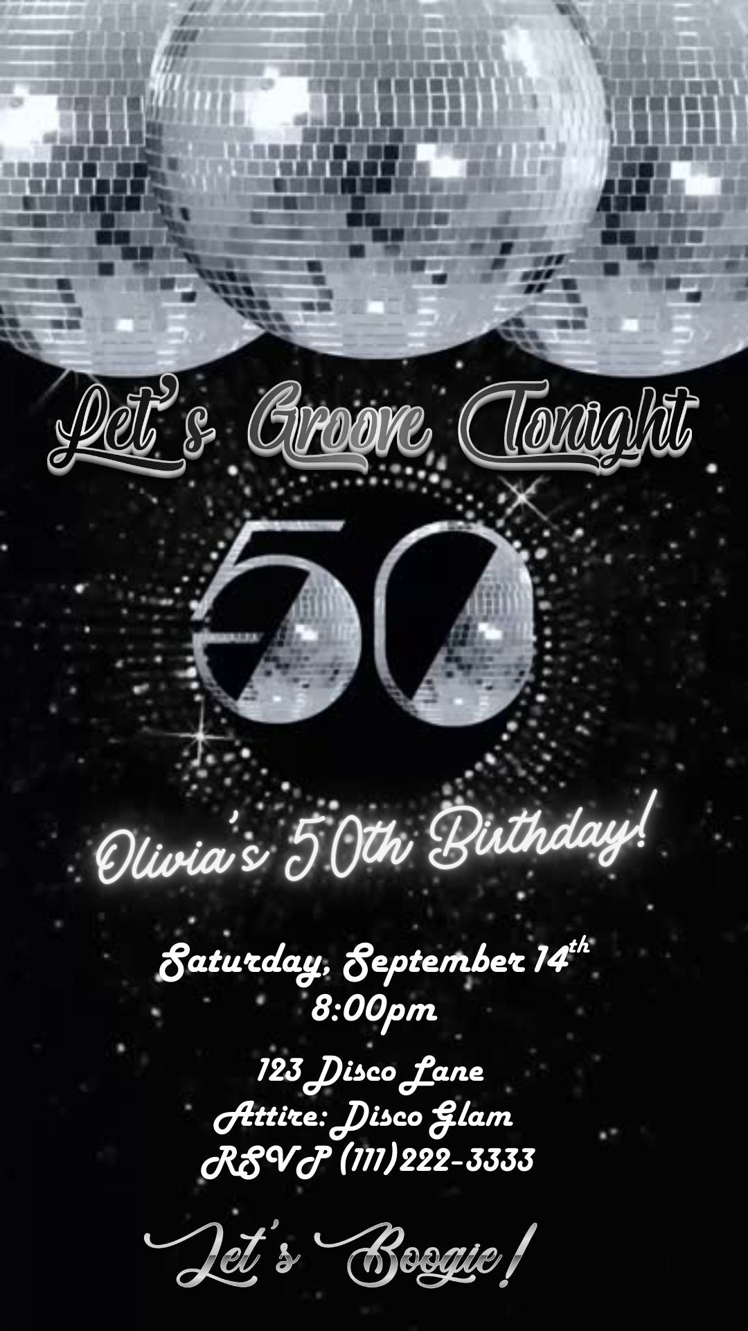 Editable disco silver 50th birthday video invitation displayed on a mobile phone, featuring an animated vertical digital invite with music, created in Canva. This premium video invitation template is designed for sharing by text, email, and social media and works with an interactive RSVP website for easy guest response tracking.