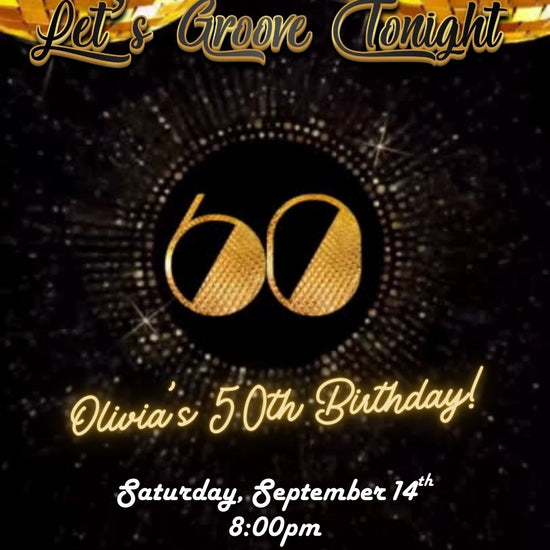 Editable gold disco 60th birthday video invitation displayed on a mobile phone, featuring an animated vertical digital invite with music, created in Canva. This premium video invitation template is designed for sharing by text, email, and social media and works with an interactive RSVP website for easy guest response tracking.
