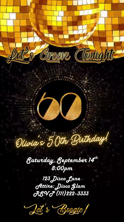 Editable gold disco 60th birthday video invitation displayed on a mobile phone, featuring an animated vertical digital invite with music, created in Canva. This premium video invitation template is designed for sharing by text, email, and social media and works with an interactive RSVP website for easy guest response tracking.