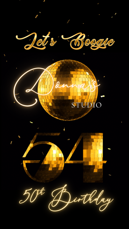 Studio 54 video invite editable disco party animated canva template digital 70s theme instant download gold disco ball mobile phone evite