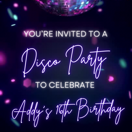 Editable Euphoria disco birthday video invitation with neon purple lights, glowing disco ball, and retro script fonts. Perfect for 70s and Y2K-themed parties, bachelorettes, and milestone birthdays. 1080x1920 vertical Canva template, easy to customize and share via text or social.