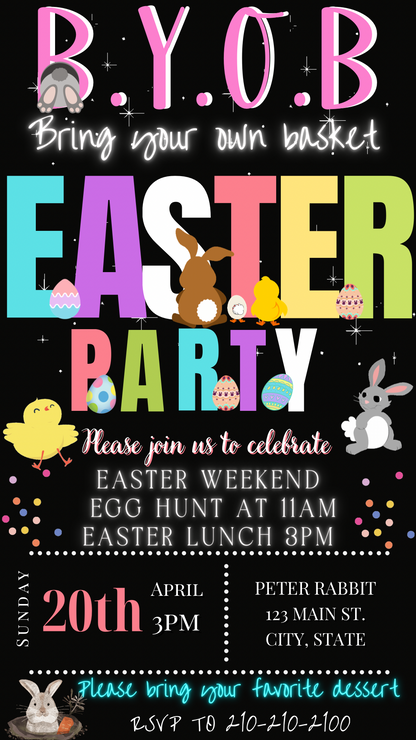 Bring your own Easter Basket and Party With My Peeps Easter Video Invitation – Editable Canva Template

Make Easter planning effortless and adorable with this Party With My Peeps Easter Video Invitation Canva Template. Designed for modern hosts who want something fun, fast, and memorable, this animated Easter invite is perfect for Easter parties, kids’ celebrations, egg hunts, classroom events, church gatherings, and spring parties.
