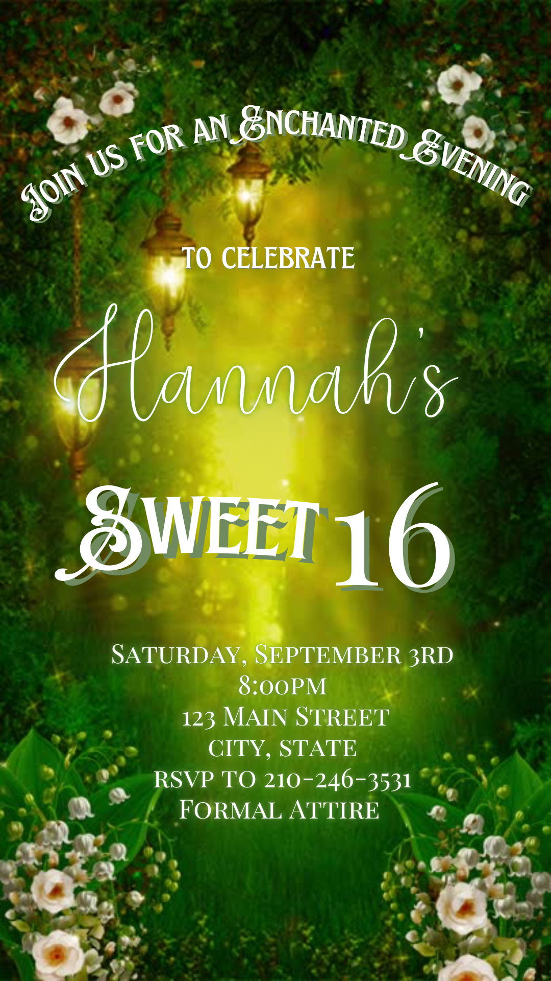 Enchanted Forest Video Invite | Animated Sweet 15 16 Save the Date Evite | Editable Canva Evite Template