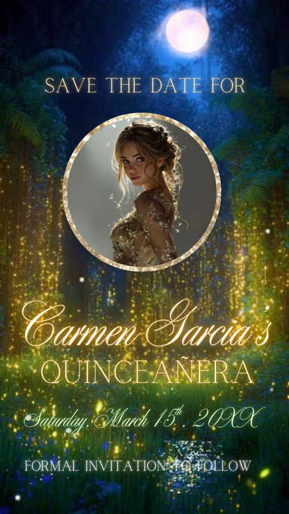 Enchanted Forest Quinceanera Video Invite | Animated Sweet 15 16 Save the Date Evite | Editable Canva Evite Template
