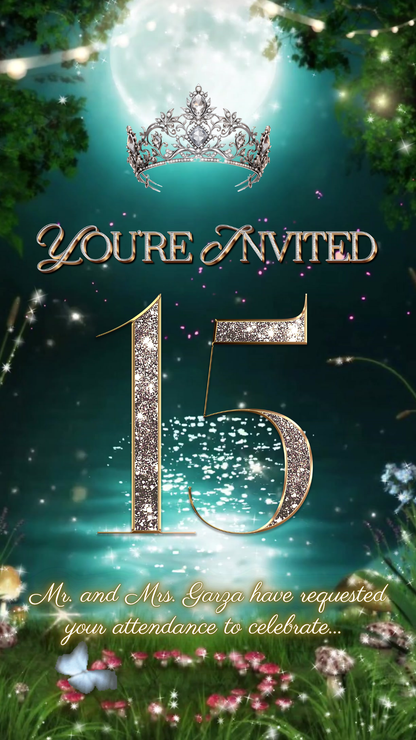 Quinceañera invitation video template designed for mobile phones. Includes animated text, music, and photo customization. Perfect for Sweet 15 or Sweet 16 birthdays. Share instantly via text, WhatsApp, email, or social media. A beautiful, stunning design ideal for modern celebrations. Delivered as MP4 download—no physical item.


