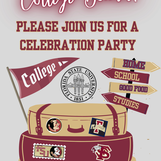 Editable Florida State University send-off video invitation in garnet and gold with Seminoles theme. Perfect for graduation, move-in, or farewell celebration. Features FSU logos, banners, and suitcase travel graphics. Vertical 1080x1920 format, easy to edit in Canva and share via text, email, or social media. Instant download, mobile-friendly format.