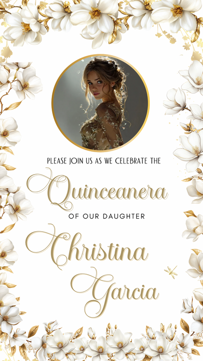 White and Gold Quinceañera Invitation | Royal Princess Video Invite with RSVP Website | Editable Canva Template | Elegant Gold Dress Sweet 16 Digital Evite