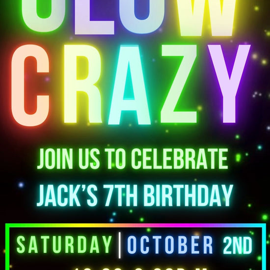 Editable neon glow kids birthday video invitation displayed on a mobile phone, featuring an animated vertical digital invite with music, created in Canva. This premium video invitation template is designed for sharing by text, email, and social media and works with an interactive RSVP website for easy guest response tracking.