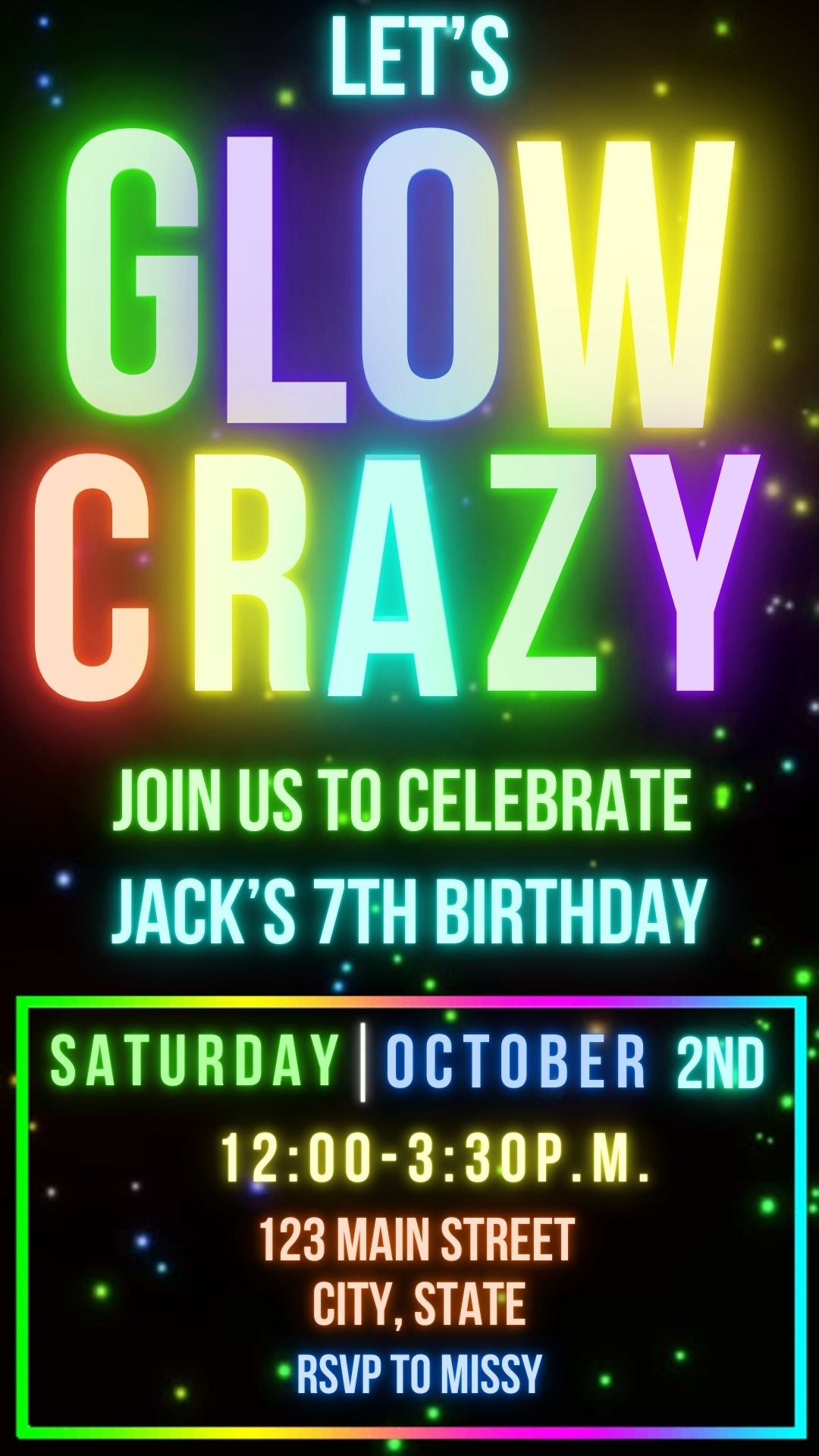 Editable neon glow kids birthday video invitation displayed on a mobile phone, featuring an animated vertical digital invite with music, created in Canva. This premium video invitation template is designed for sharing by text, email, and social media and works with an interactive RSVP website for easy guest response tracking.