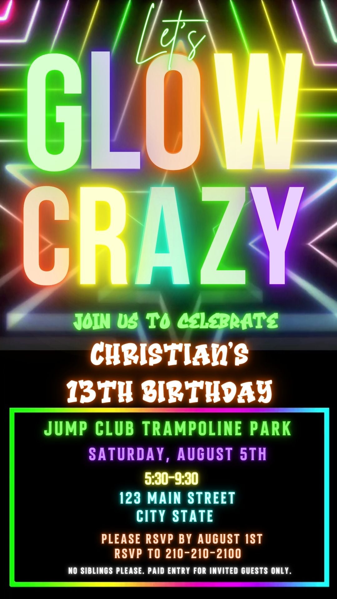 Editable neon glow birthday party video invitation displayed on a mobile phone, featuring an animated vertical digital invite with music, created in Canva. This premium video invitation template is designed for sharing by text, email, and social media and works with an interactive RSVP website for easy guest response tracking.