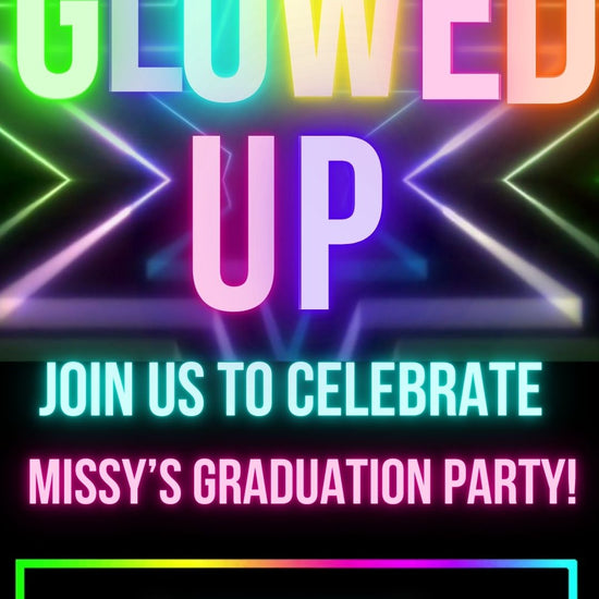 Editable neon glow graduation party video invitation displayed on a mobile phone, featuring an animated vertical digital invite with music, created in Canva. This premium video invitation template is designed for sharing by text, email, and social media and works with an interactive RSVP website for easy guest response tracking.