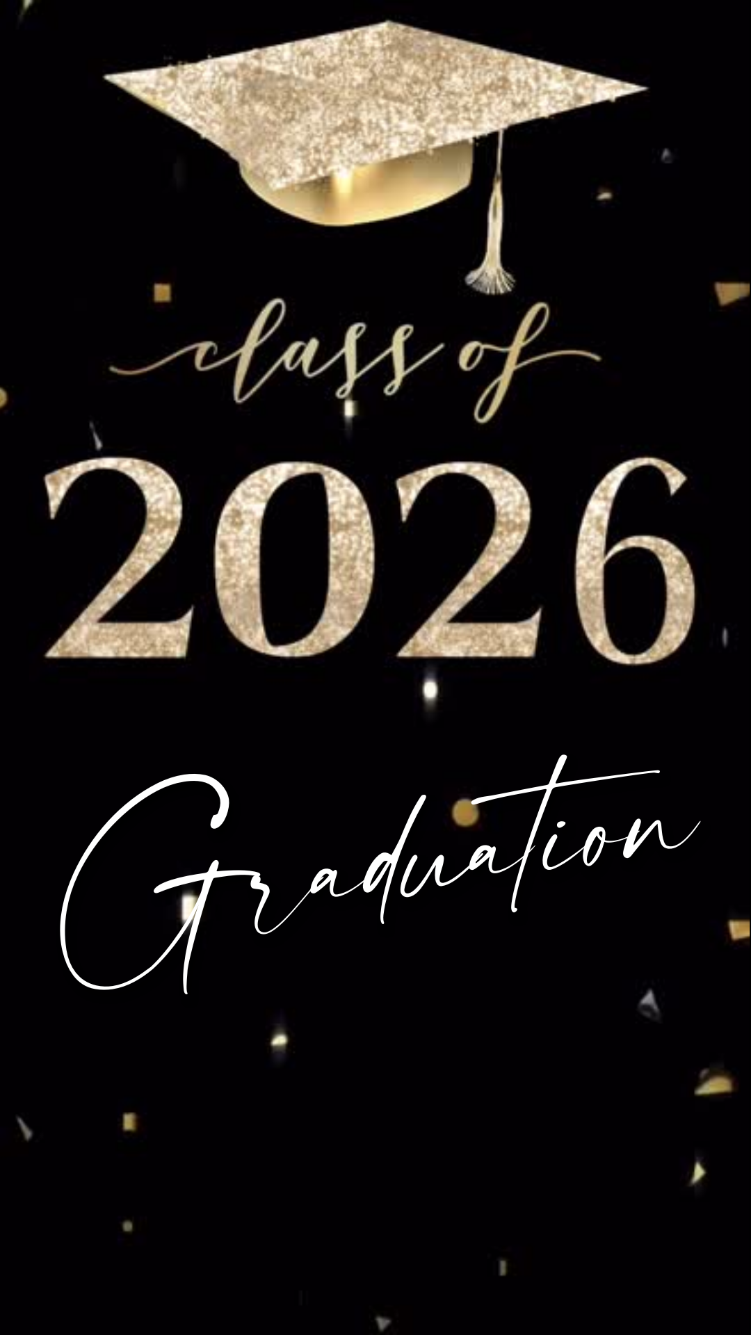 Class of 2026 graduation video invitation and announcement with gold silver glitter cap, neon script, and customizable Canva layout. Features multiple senior photo slots, modern black background, and elegant graduation details. Perfect for 2026 grad parties, ceremony invites, digital announcements, and social media sharing. Fully editable and mobile-friendly.
