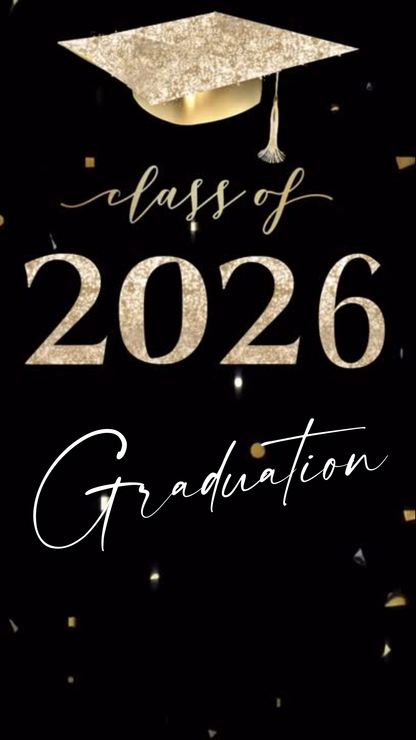 Class of 2026 graduation video invitation and announcement with gold silver glitter cap, neon script, and customizable Canva layout. Features multiple senior photo slots, modern black background, and elegant graduation details. Perfect for 2026 grad parties, ceremony invites, digital announcements, and social media sharing. Fully editable and mobile-friendly.
