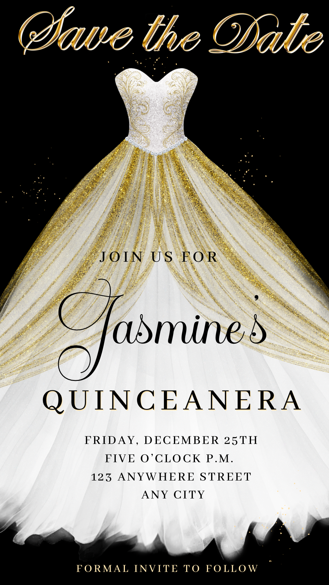 White and Gold Quinceanera Video Invite | Sweet 15 16 Quince RSVP Tracker | Editable Canva Evite Template