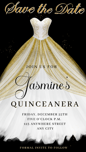White and Gold Quinceanera Video Invite | Sweet 15 16 Quince RSVP Tracker | Editable Canva Evite Template