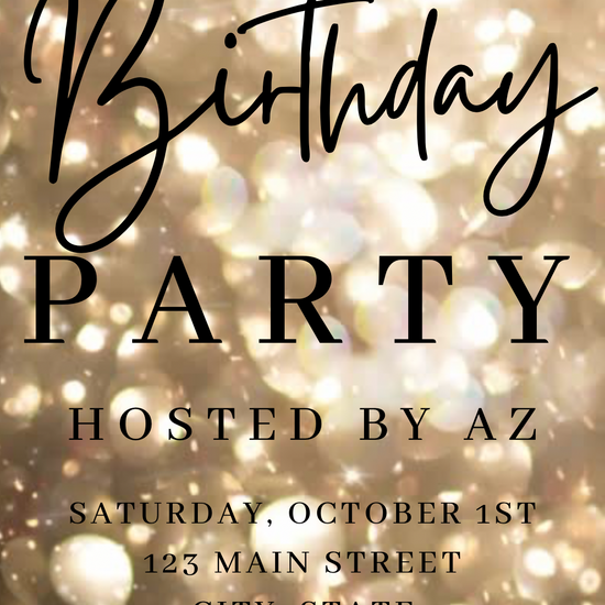 Elegant editable gold sparkle birthday invitation with glowing bokeh lights and bold black text. Designed for adult birthdays, girls’ nights, or milestone celebrations. Vertical 1080x1920 format, customizable in Canva. Perfect for texting, email, or social sharing. Luxe glitter design makes this invite ideal for 30th, 40th, or 50th birthday parties.