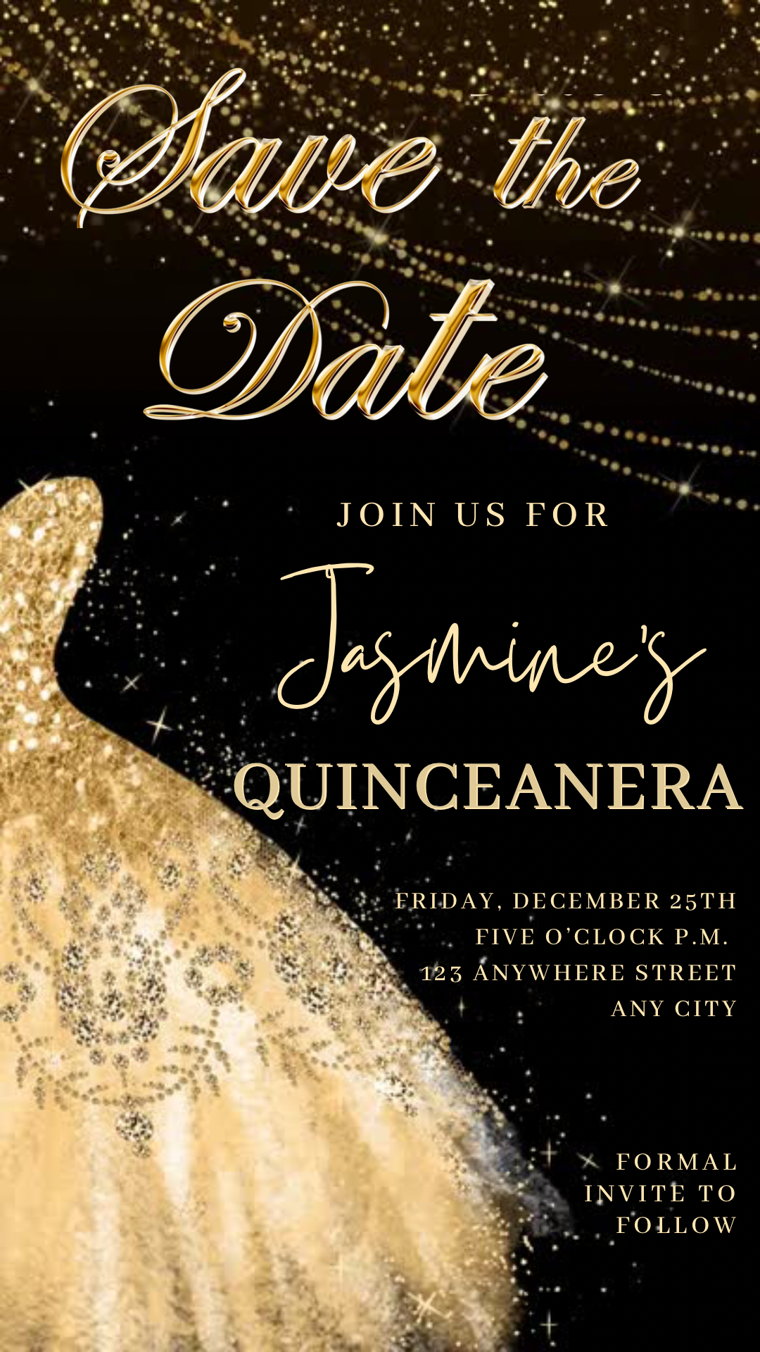 Gold Quinceanera Video Invite | Sweet 15 16 Quince RSVP Tracker | Editable Canva Evite Template