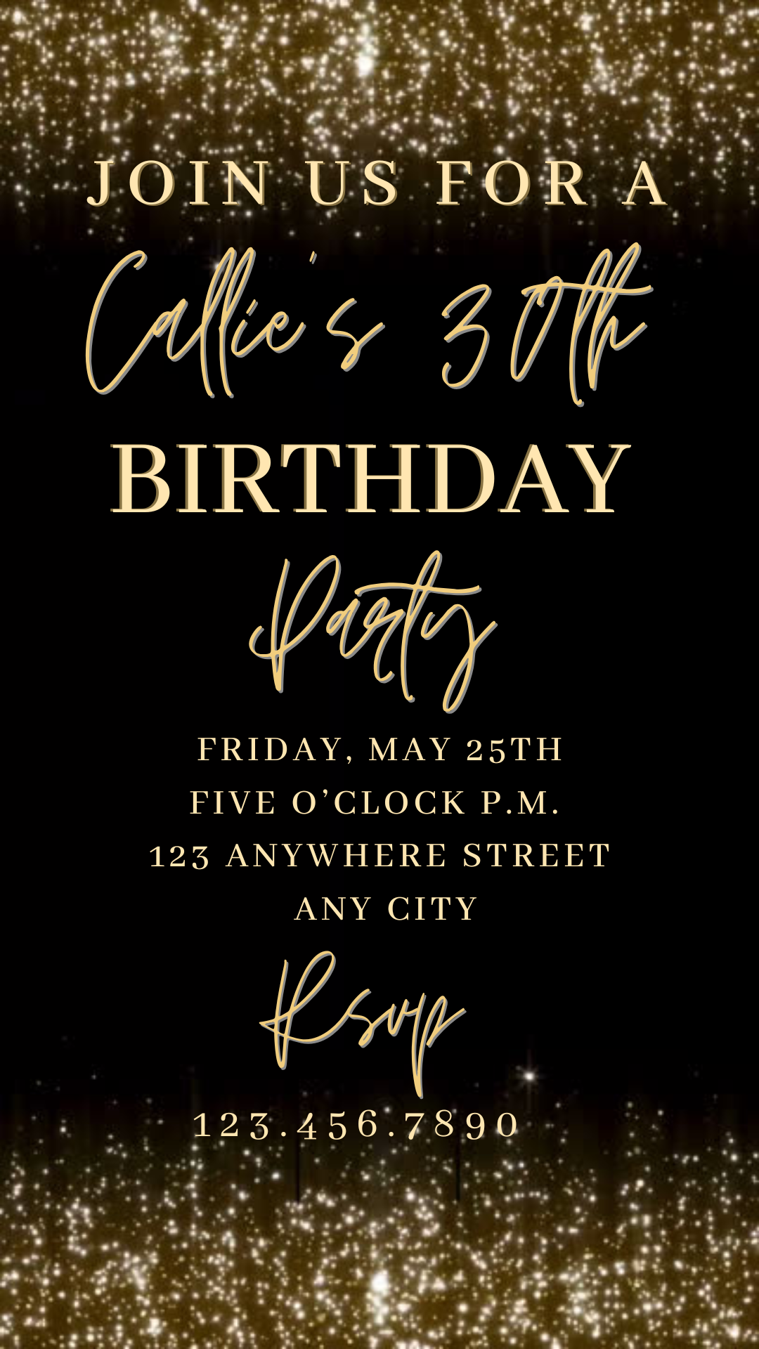Golden Sparkle party video invitation with glittering gold design