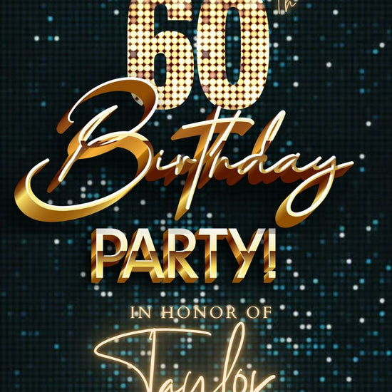 Editable teal gold disco 60th birthday birthday video invitation displayed on a mobile phone, featuring an animated vertical digital invite with music, created in Canva. This premium video invitation template is designed for sharing by text, email, and social media and works with an interactive RSVP website for easy guest response tracking.