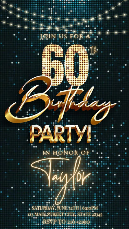Editable teal gold disco 60th birthday birthday video invitation displayed on a mobile phone, featuring an animated vertical digital invite with music, created in Canva. This premium video invitation template is designed for sharing by text, email, and social media and works with an interactive RSVP website for easy guest response tracking.