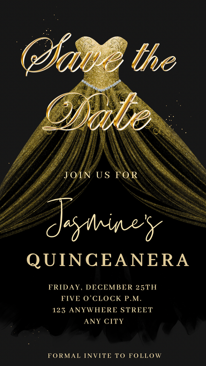 Gold Quinceanera Video Invite | Sweet 15 16 Quince RSVP Tracker | Editable Canva Evite Template